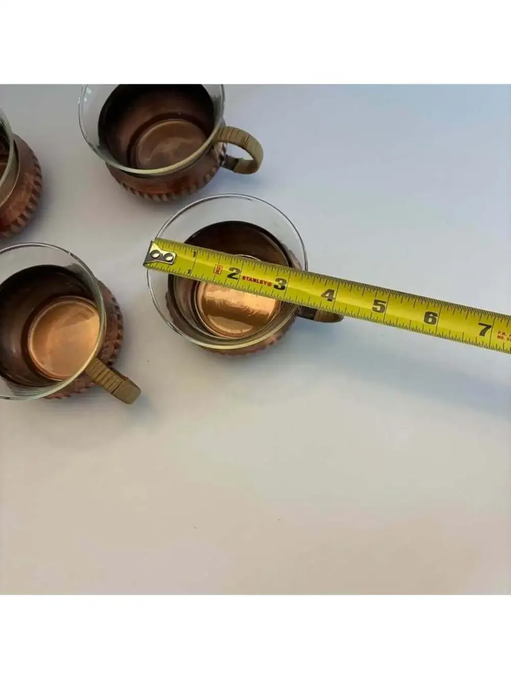 Vintage Set 4 Copper Glass Punch Cups Rattan Wrapped Handles Mid Century MCM